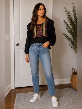 Free People Black Embroidered Ruffle-Sleeve Peasant Blouse
